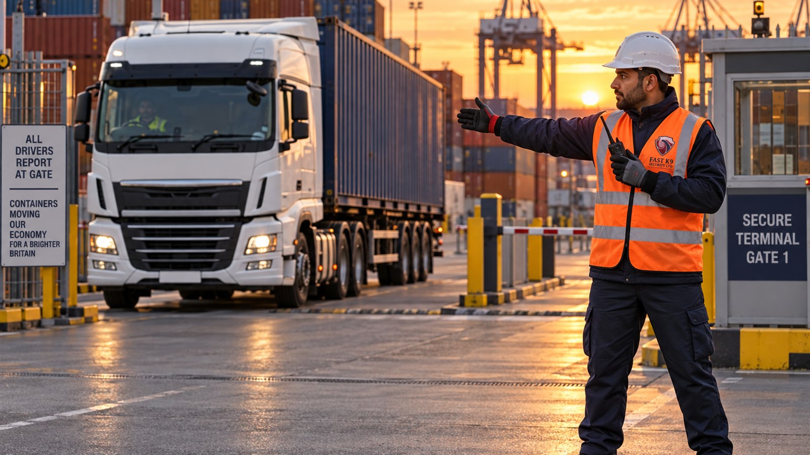 Fast K9 Security Limited traffic marshal managing traffic at a container terminal gate